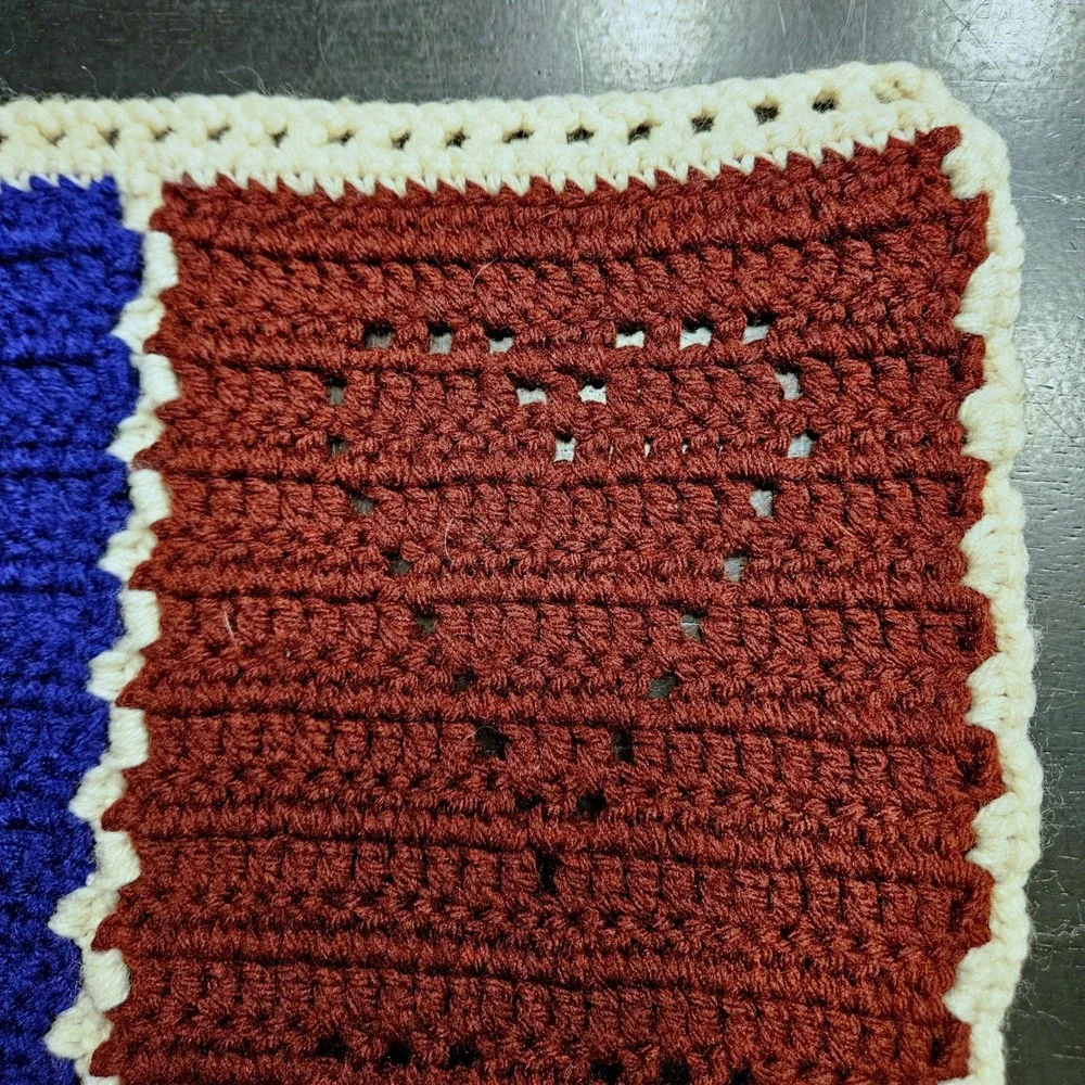 Handmade Stripe Heart Crochet/Knit Afghan Blanket Throw Brown Blue Green 66